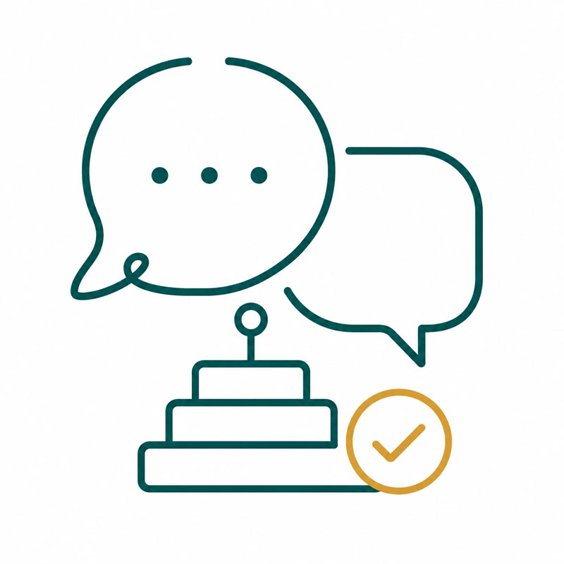 Ein Icon mit Sprechblasen symbolisiert den gemeinsamen Kick-off-Termin zur Klärung von Positionierung und Zielgruppe.